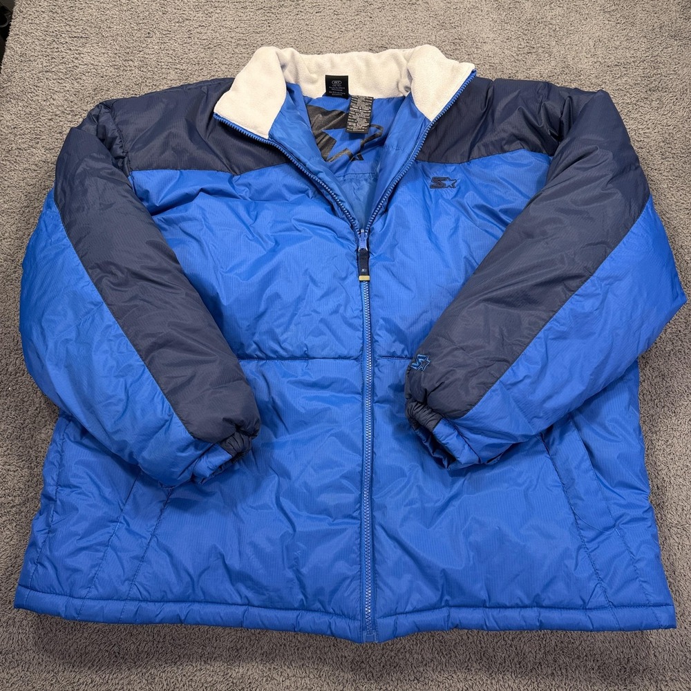 VTG Starter Jacket Mens 2XL Blue Puffer Down Full Zip Fleece‎ Collar Ripstop
